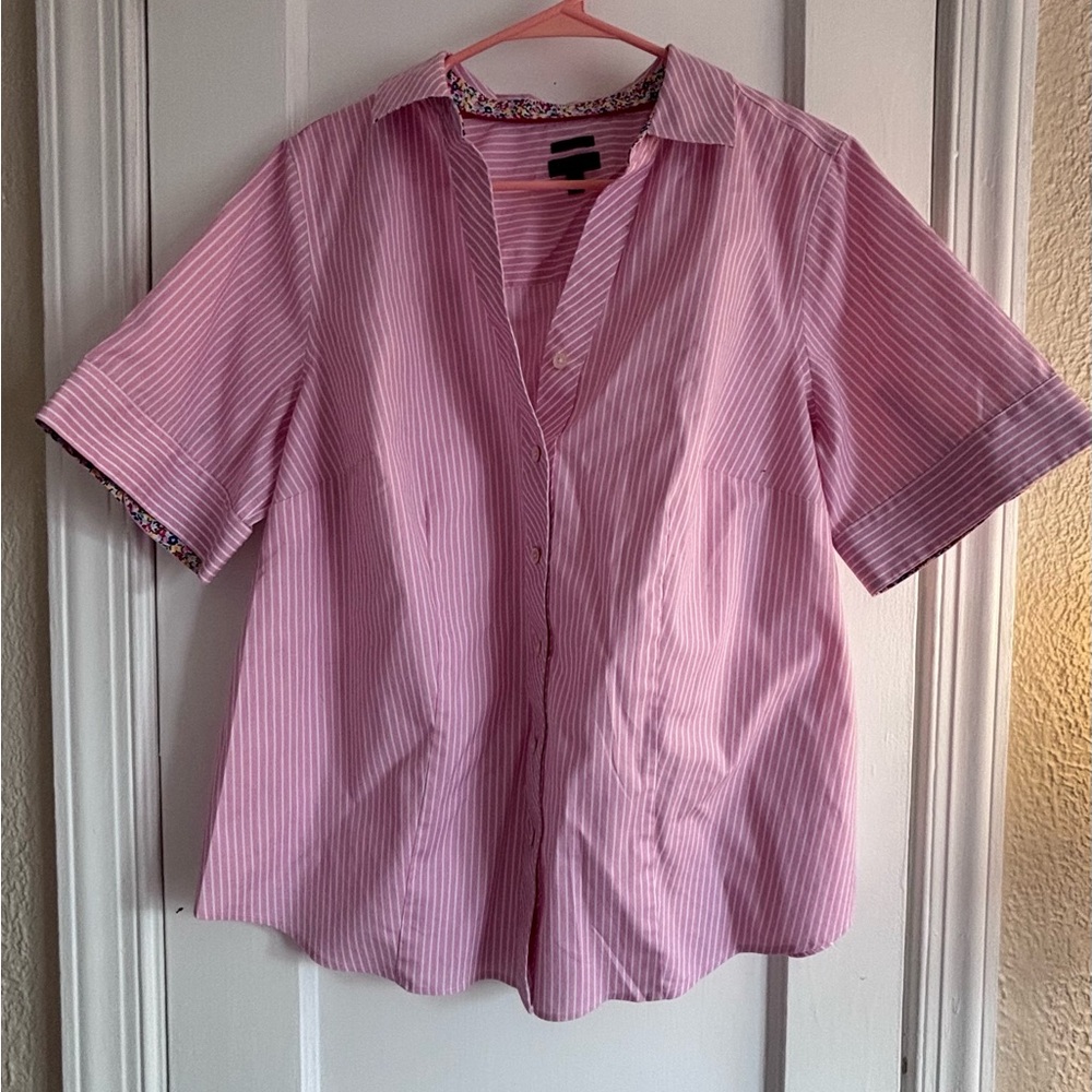 Talbots Pink Striped Short Sleeve Shirt with floral color and sleeve SZ 14W
